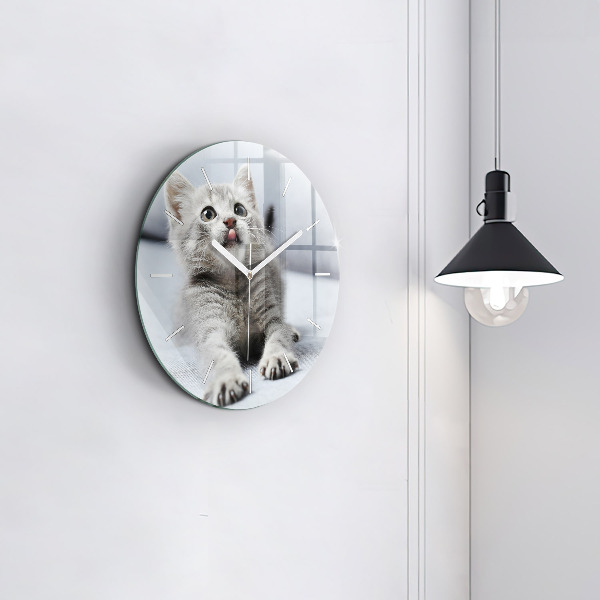 Round glass wall clock Cat on the couch