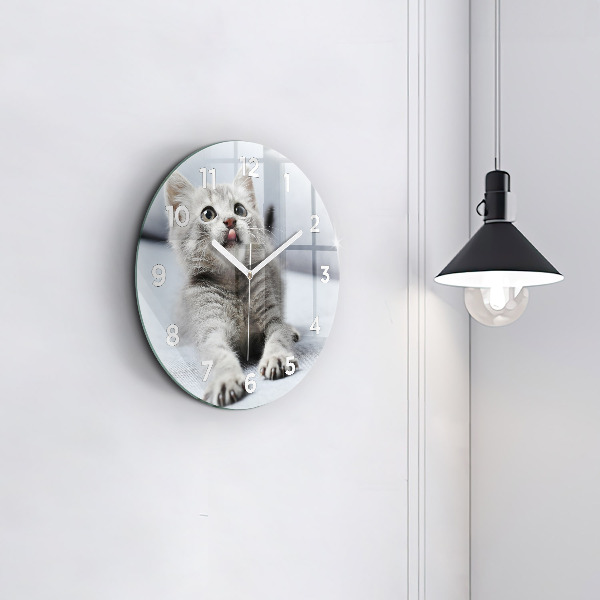 Round glass wall clock Cat on the couch