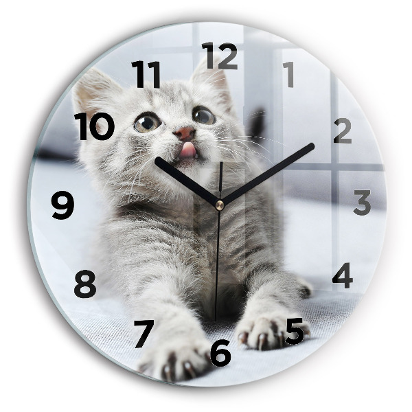 Round glass wall clock Cat on the couch