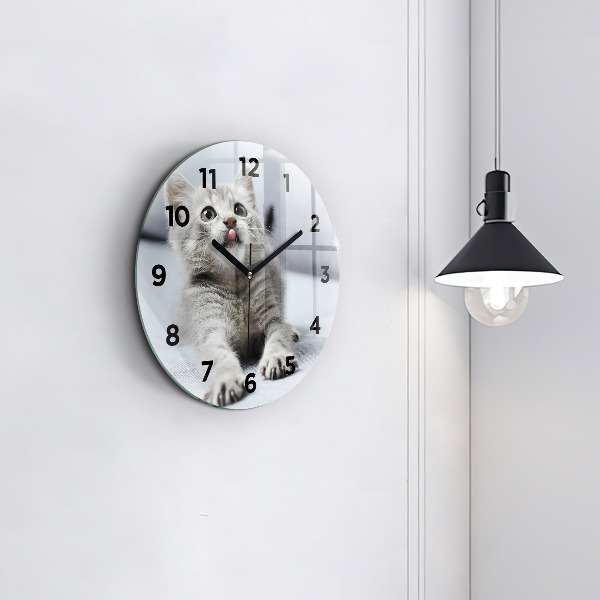 Round glass wall clock Cat on the couch