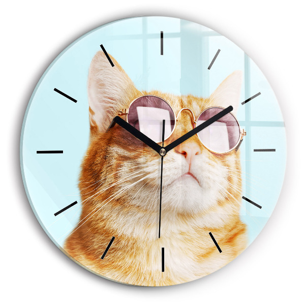 Round glass wall clock Funny cat with glasses