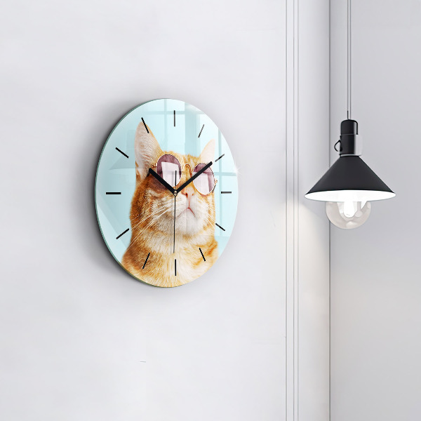 Round glass wall clock Funny cat with glasses