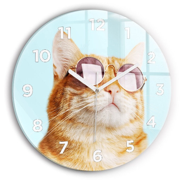 Round glass wall clock Funny cat with glasses