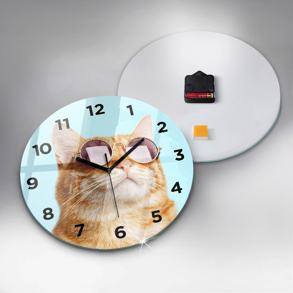 Round glass wall clock Funny cat with glasses