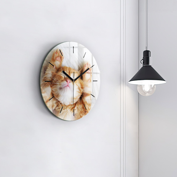 Round glass wall clock Sleeping little kitten