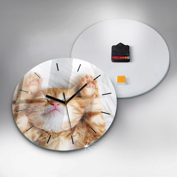 Round glass wall clock Sleeping little kitten