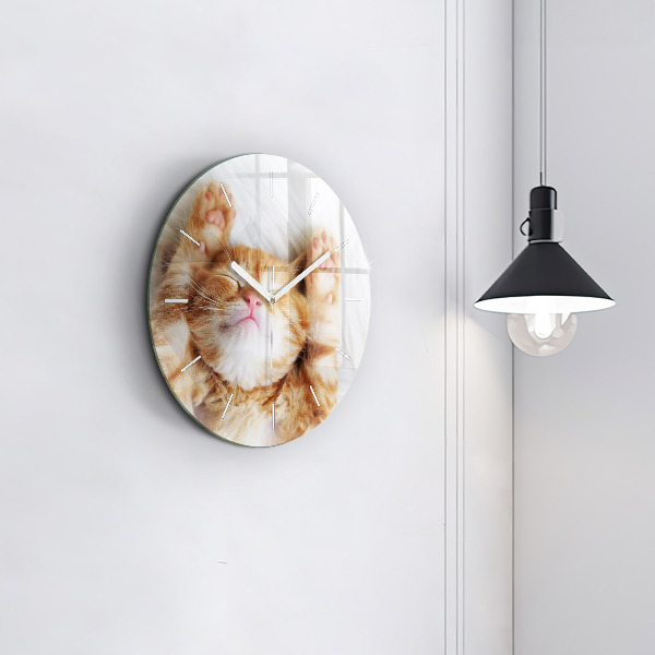 Round glass wall clock Sleeping little kitten