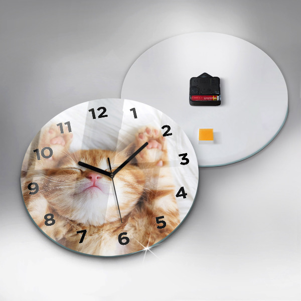 Round glass wall clock Sleeping little kitten