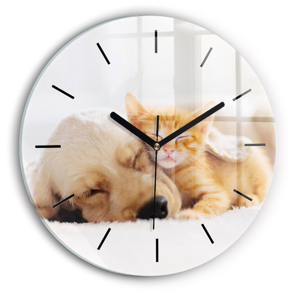 Round glass wall clock Sleeping cat and dog