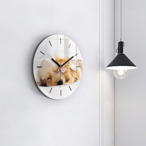 Round glass wall clock Sleeping cat and dog