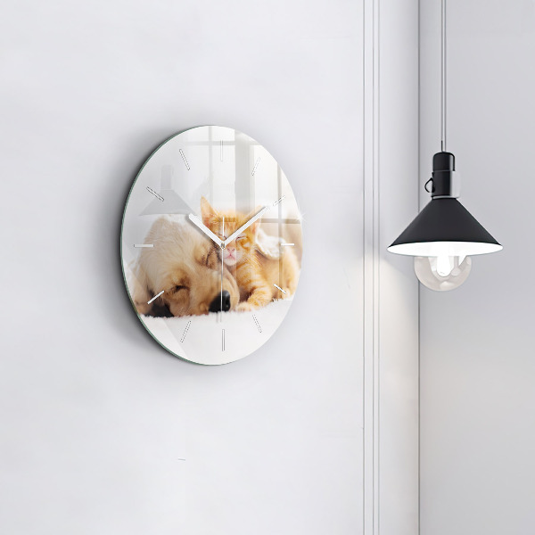Round glass wall clock Sleeping cat and dog