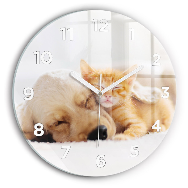 Round glass wall clock Sleeping cat and dog
