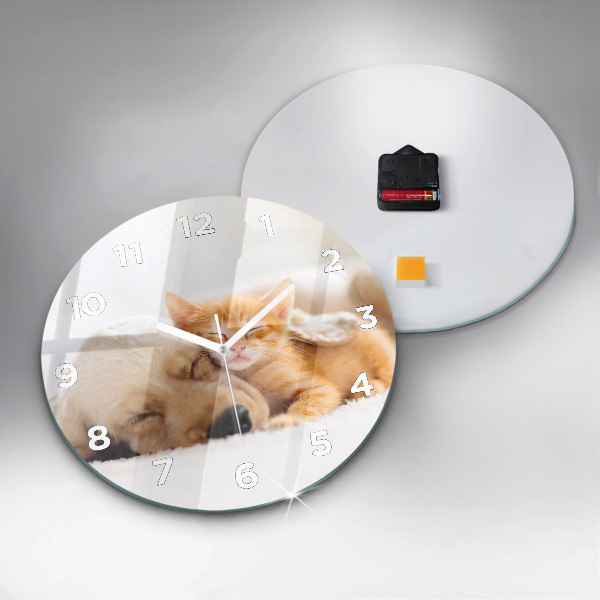 Round glass wall clock Sleeping cat and dog