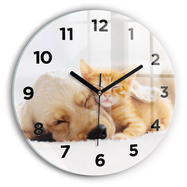 Round glass wall clock Sleeping cat and dog