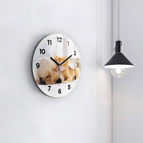 Round glass wall clock Sleeping cat and dog