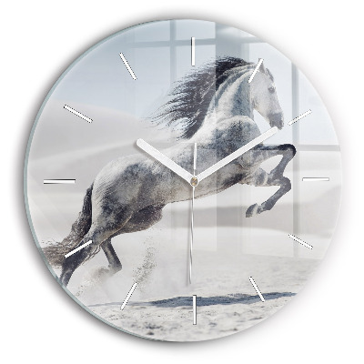 Round glass wall clock Galloping white horse