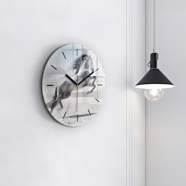 Round glass wall clock Galloping white horse