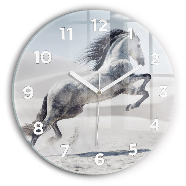 Round glass wall clock Galloping white horse