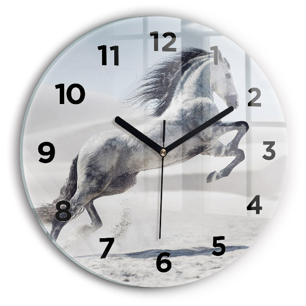Round glass wall clock Galloping white horse