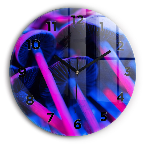 Round glass wall clock Magic colorful mushrooms