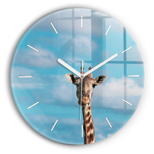 Round glass wall clock Giraffe head against the sky