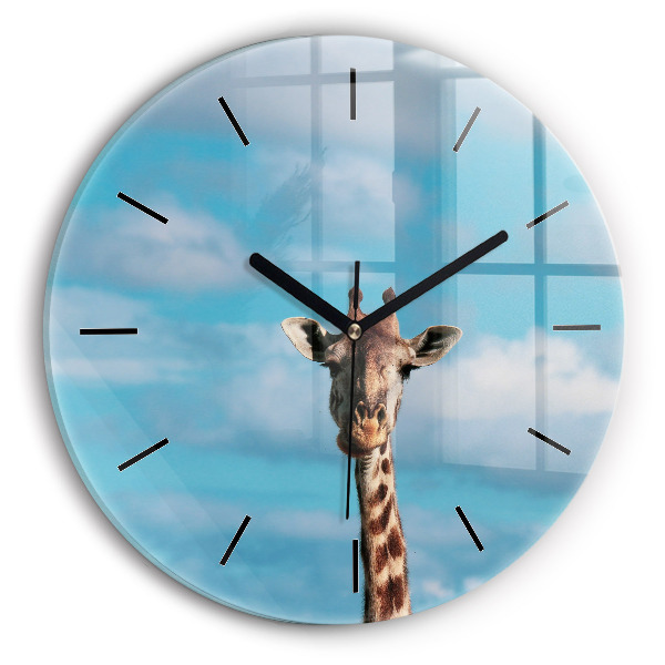 Round glass wall clock Giraffe head against the sky