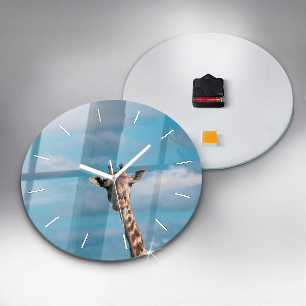 Round glass wall clock Giraffe head against the sky