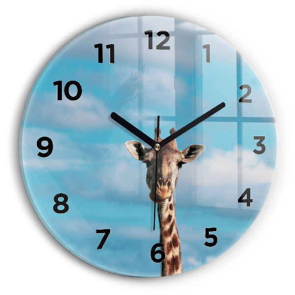 Round glass wall clock Giraffe head against the sky