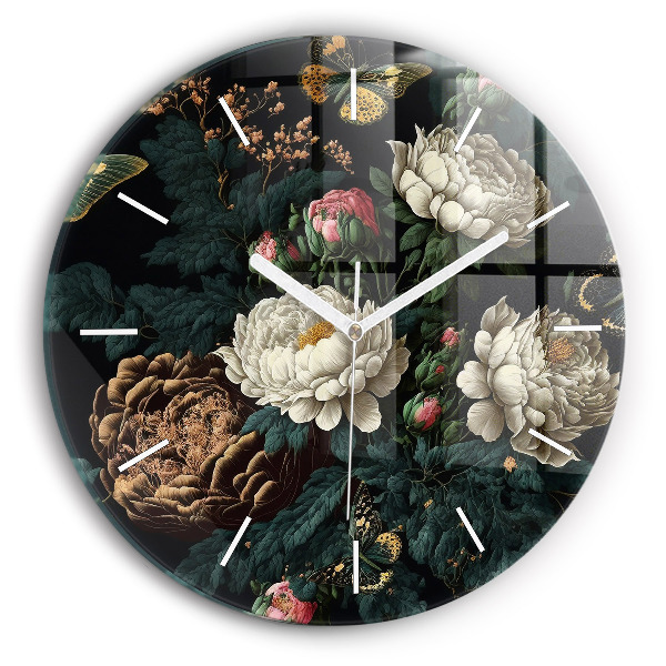 Round glass wall clock Flower and golden butterflies