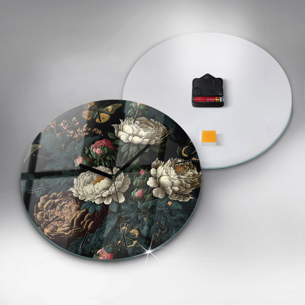 Round glass wall clock Flower and golden butterflies