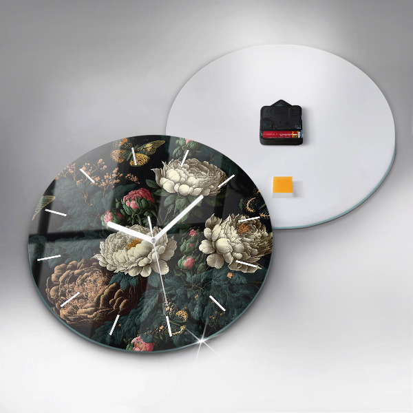 Round glass wall clock Flower and golden butterflies
