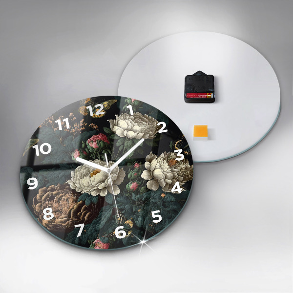 Round glass wall clock Flower and golden butterflies