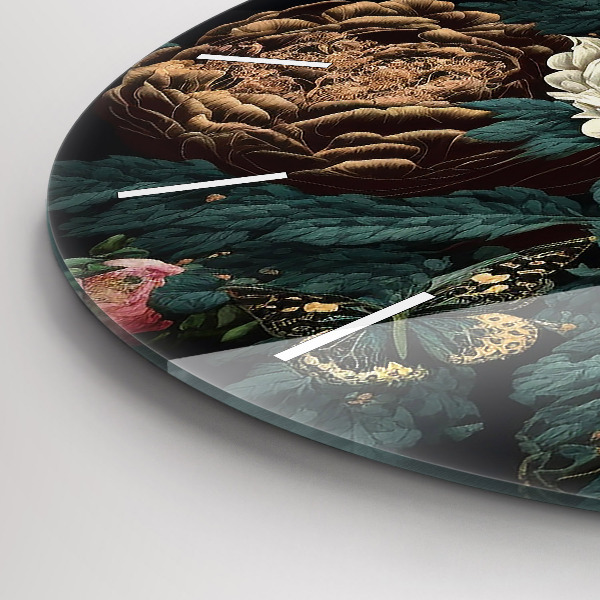 Round glass wall clock Flower and golden butterflies