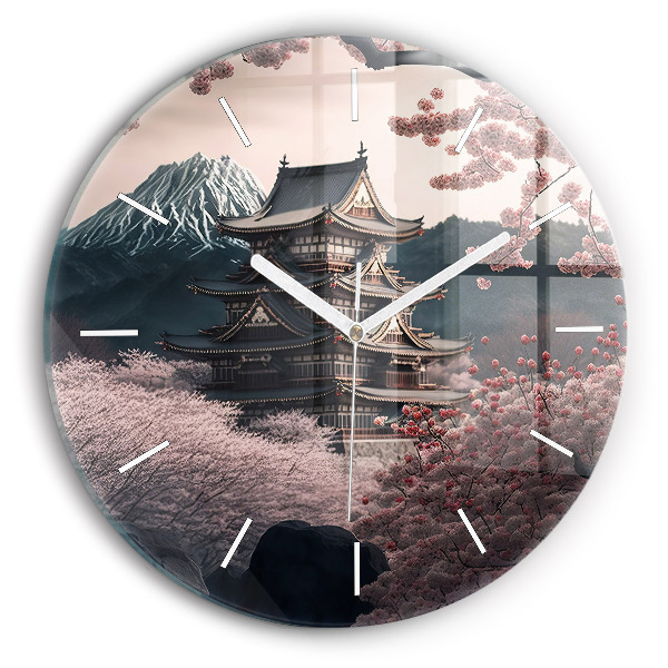 Round glass wall clock Tower and flowers in Asia