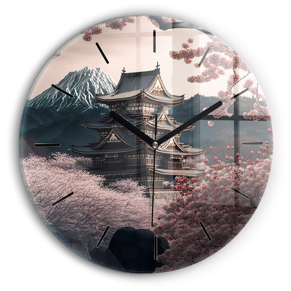 Round glass wall clock Tower and flowers in Asia