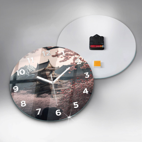 Round glass wall clock Tower and flowers in Asia