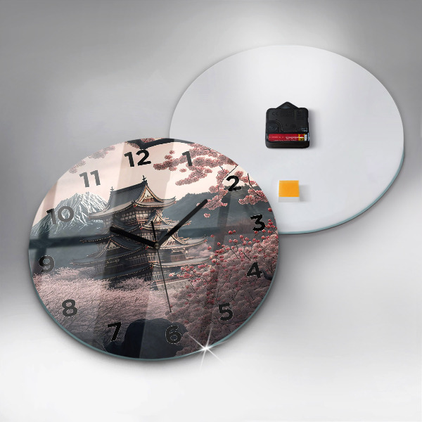 Round glass wall clock Tower and flowers in Asia