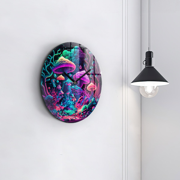 Round glass wall clock Neon mushrooms
