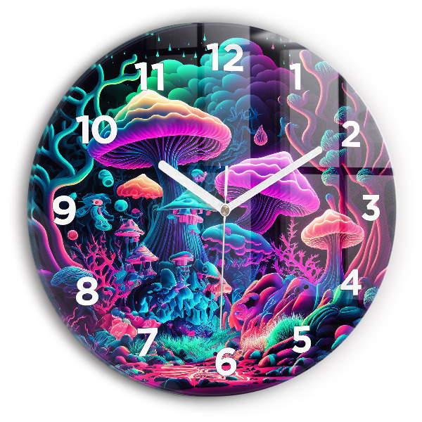 Round glass wall clock Neon mushrooms