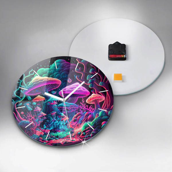 Round glass wall clock Neon mushrooms
