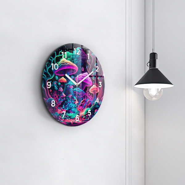 Round glass wall clock Neon mushrooms