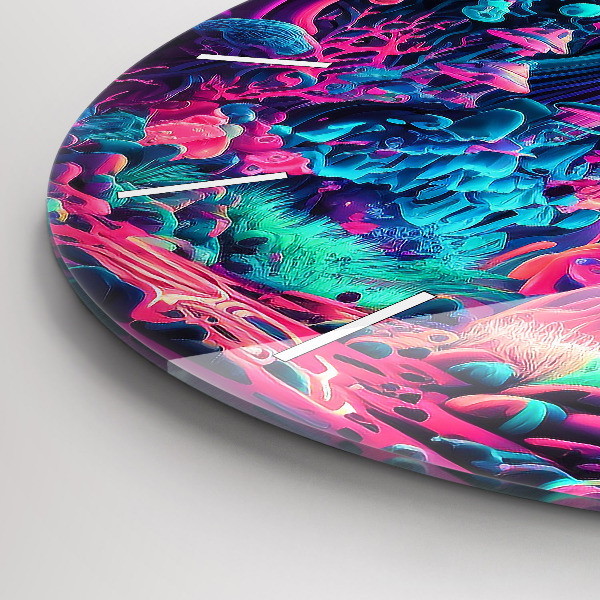Round glass wall clock Neon mushrooms