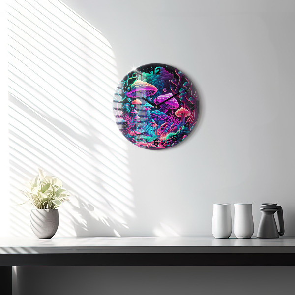 Round glass wall clock Neon mushrooms