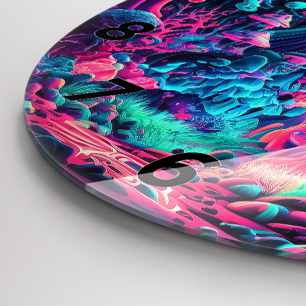 Round glass wall clock Neon mushrooms