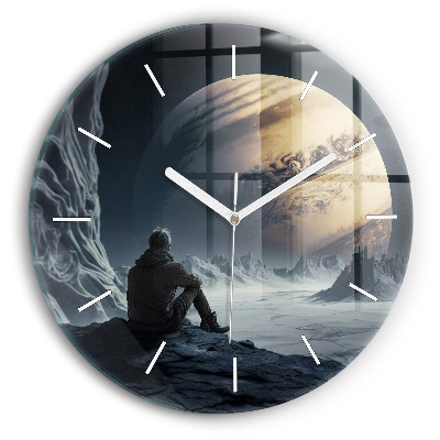 Round glass wall clock Man in front of the moon