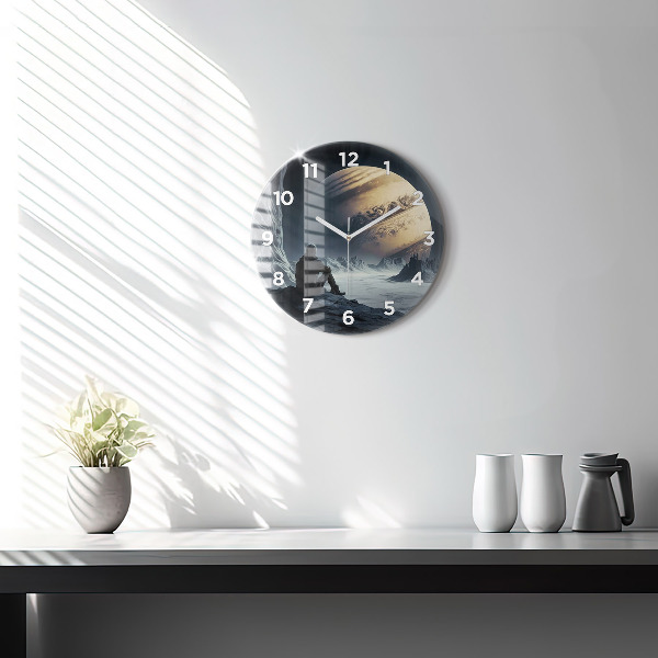 Round glass wall clock Man in front of the moon