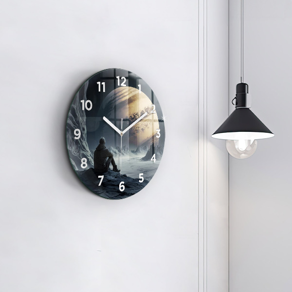 Round glass wall clock Man in front of the moon
