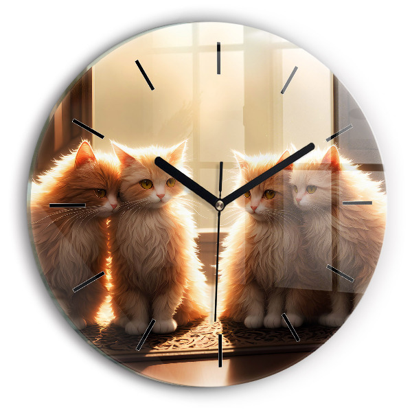 Round glass wall clock Four Kittens in the Sun