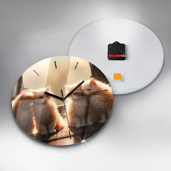 Round glass wall clock Four Kittens in the Sun