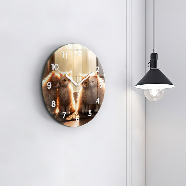 Round glass wall clock Four Kittens in the Sun